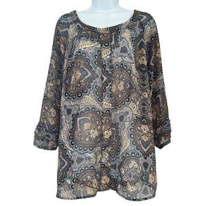 Liz Claiborne Paisley Sheer Tan Brown Beige Blue Peasant Blouse Top Size XL